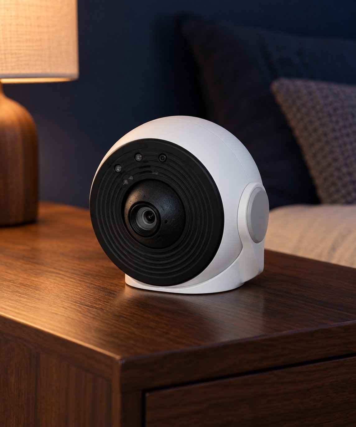 Close-up of the MoonWonders projector on a bedside table: a matte white spherical body on a curved stand with a black ribbed lens dome