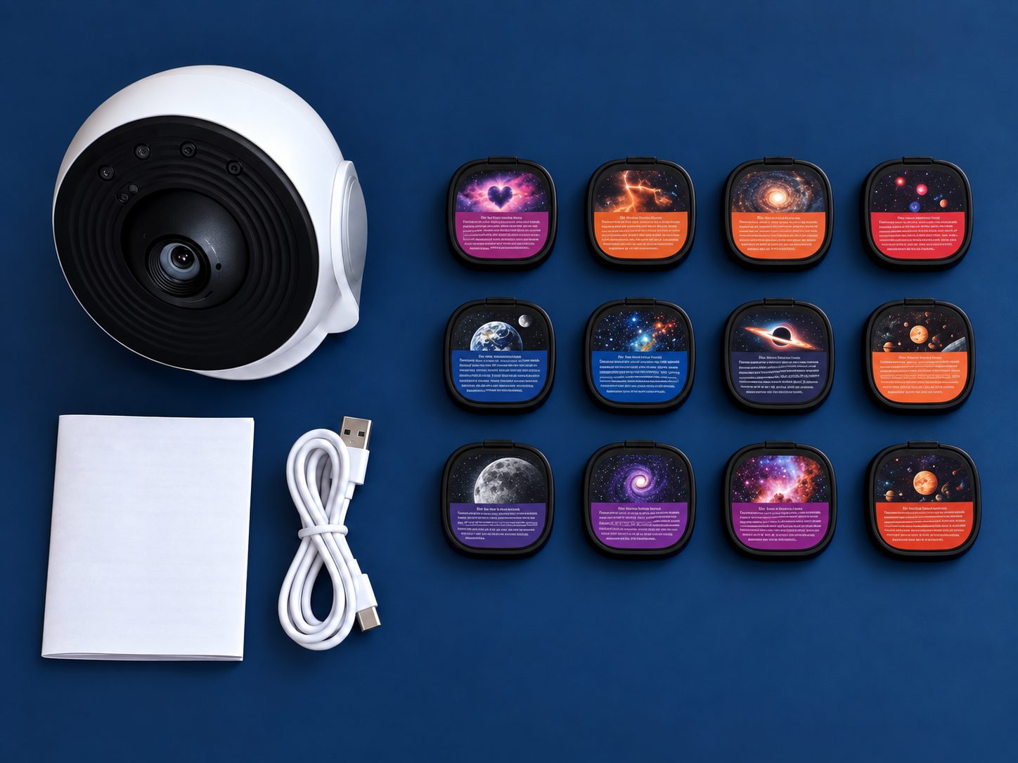 Illustration of the box contents: the white MoonWonders projector, a folded user manual, a white USB cable and twelve film disc cartridges with space-themed printed faces